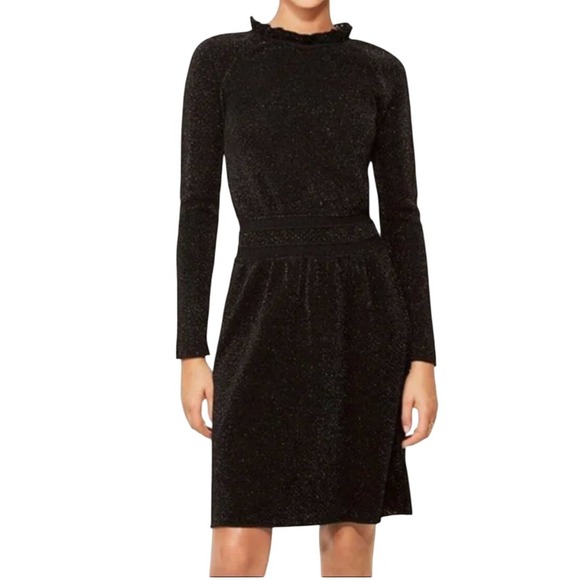 Tory Burch Isabelle Metallic Black Sparkle Knit Sweater Dress Gathered  Waist S/P